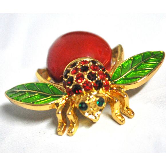 NEW Joan Rivers Big Red APPLE BEE PIN Bug Brooch Pave Crystal Rhinestones Enamel - Picture 2 of 10